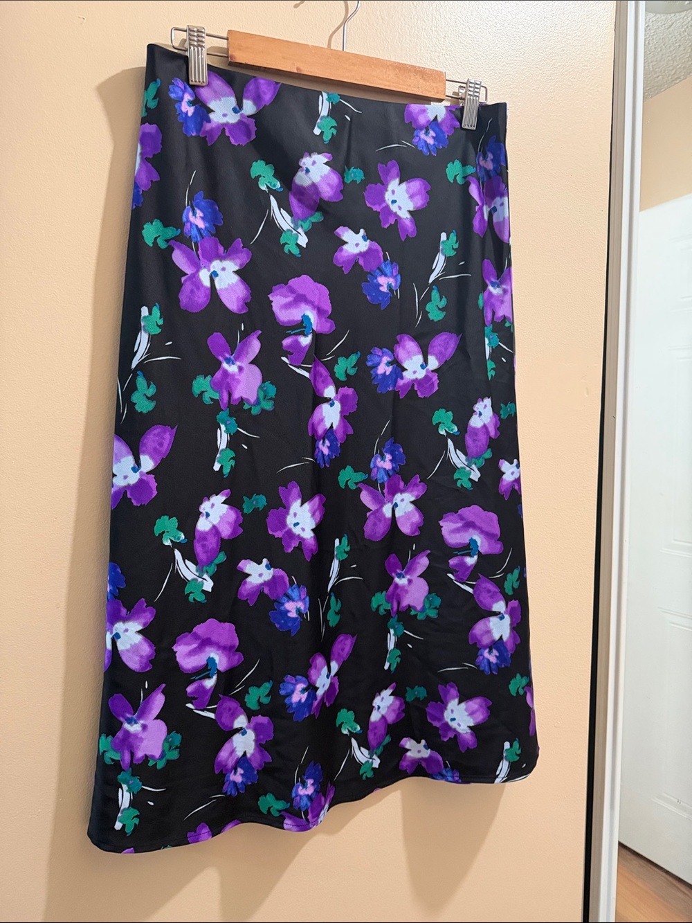 J. Crew Black Midi Skirt with Purple & Green Floral Print